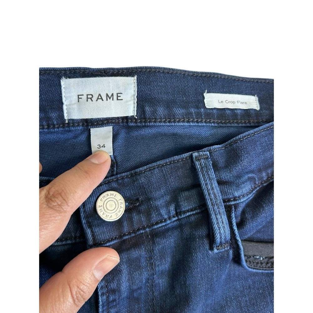 FRAME Le Crop Flare Raw After Jeans High Rise Ankle Fiona Dark Wash Blue Size 34 - Picture 4 of 8